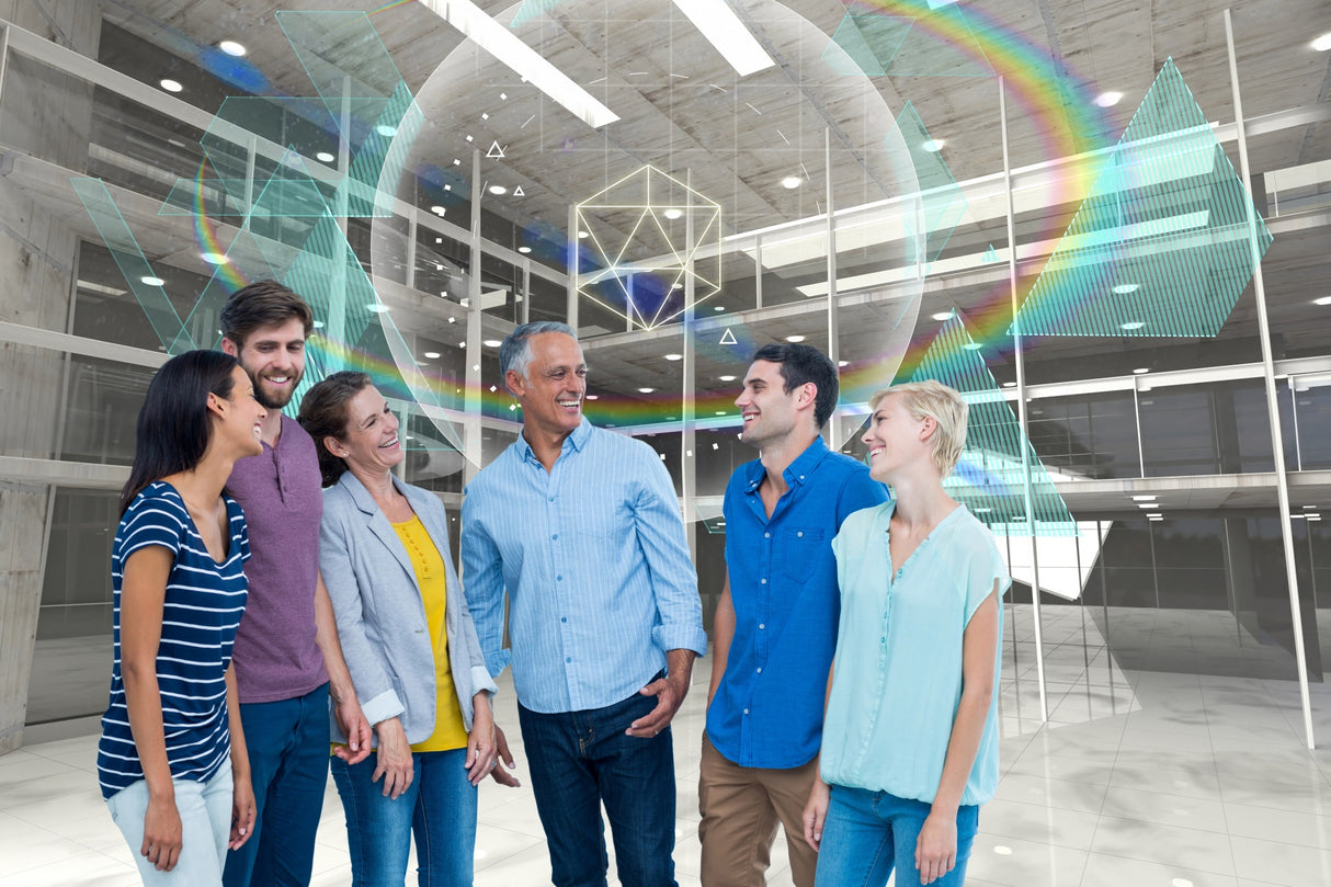 Engaged group discussing "Mastering AI in Business: Strategy, Implementation" in a modern office setting.