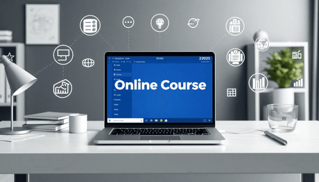 Laptop showing an online course platform surrounded by icons for education, e-learning, and digital marketing in a modern digital workspace.