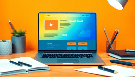 Modern workspace with laptop showing abstract webpage, video icons, and call-to-action buttons, surrounded by notebooks and pens in warm, minimalist style.