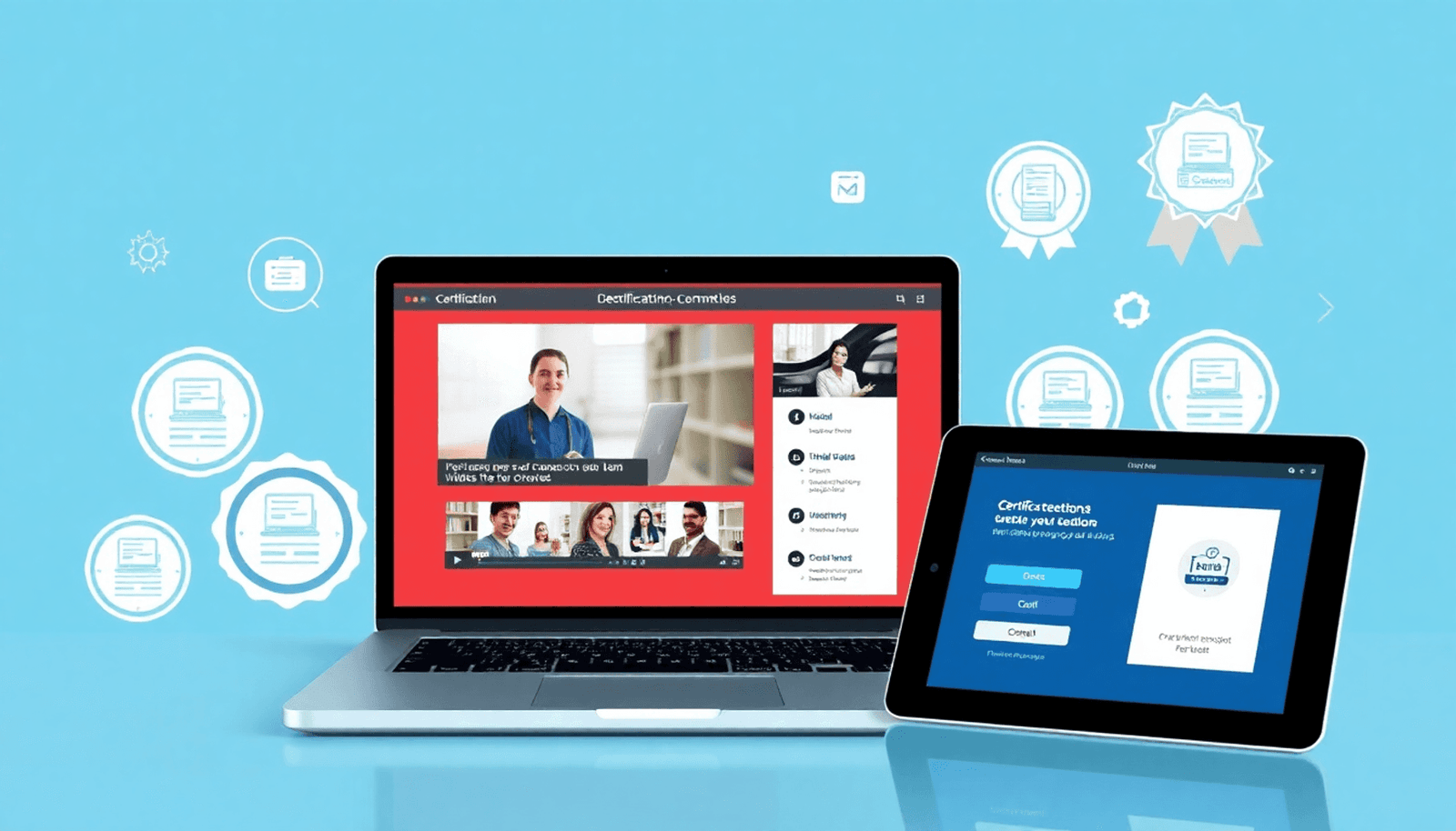 A laptop and tablet showing educational videos and quizzes, surrounded by certification badges and professional development icons in a clean, modern setup.