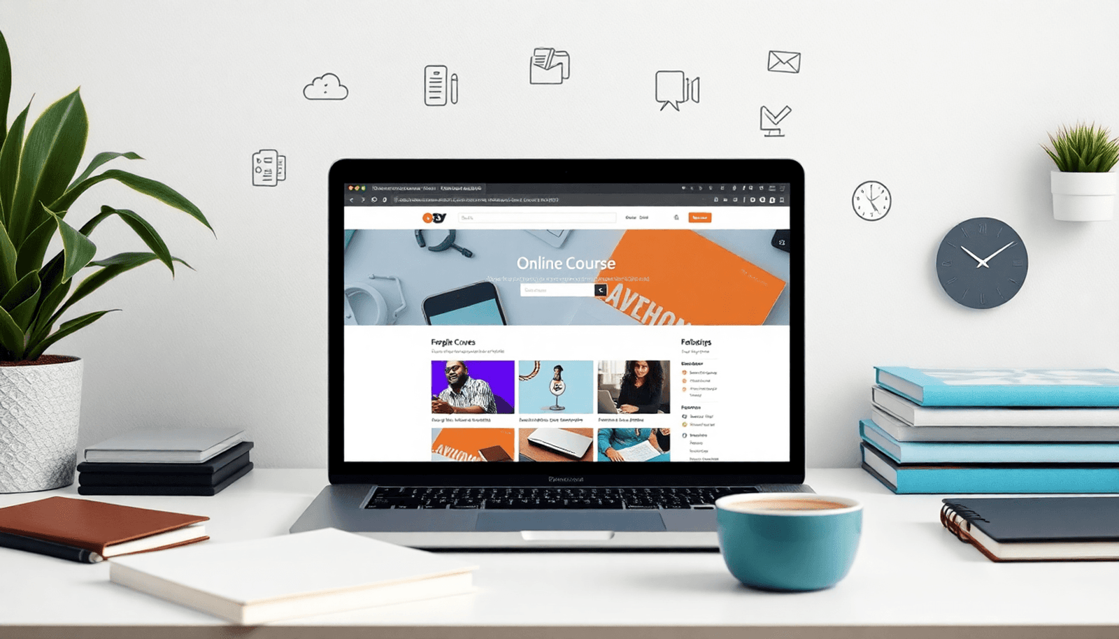 Modern workspace with laptop showing online course platform, notebooks, coffee, and digital marketing icons in a minimalist style.