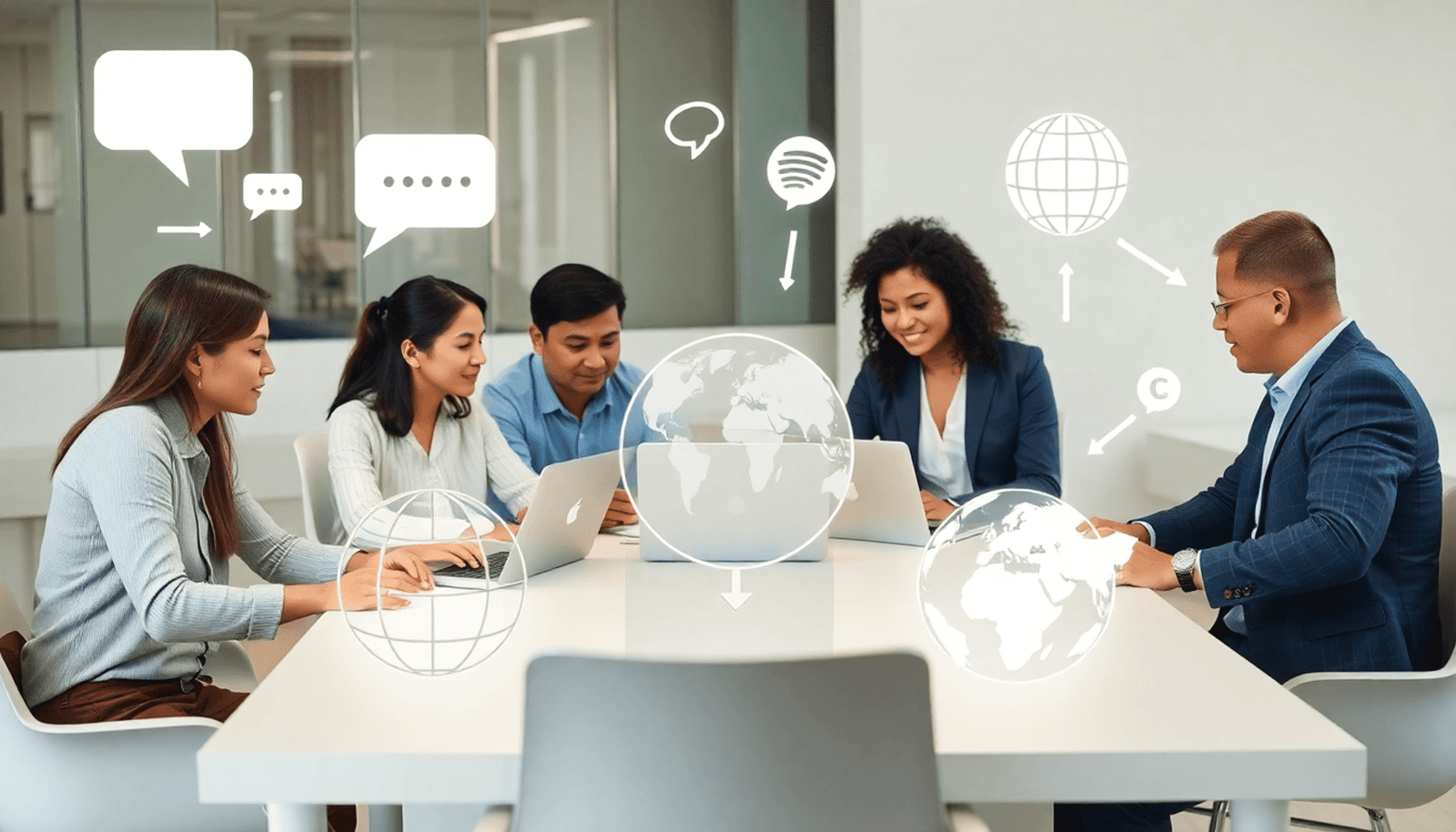 A modern workspace with professionals collaborating around a table with laptops, surrounded by icons of speech bubbles, globe, and arrows in a bright office.