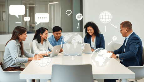 A modern workspace with professionals collaborating around a table with laptops, surrounded by icons of speech bubbles, globe, and arrows in a bright office.