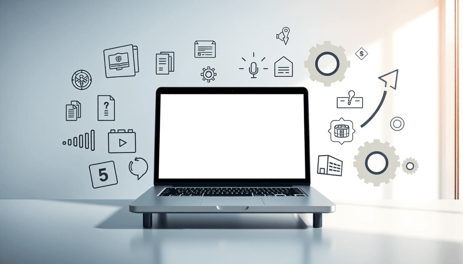 Laptop on a desk surrounded by digital icons, arrows, and gears against a bright background symbolizing productivity and automation.