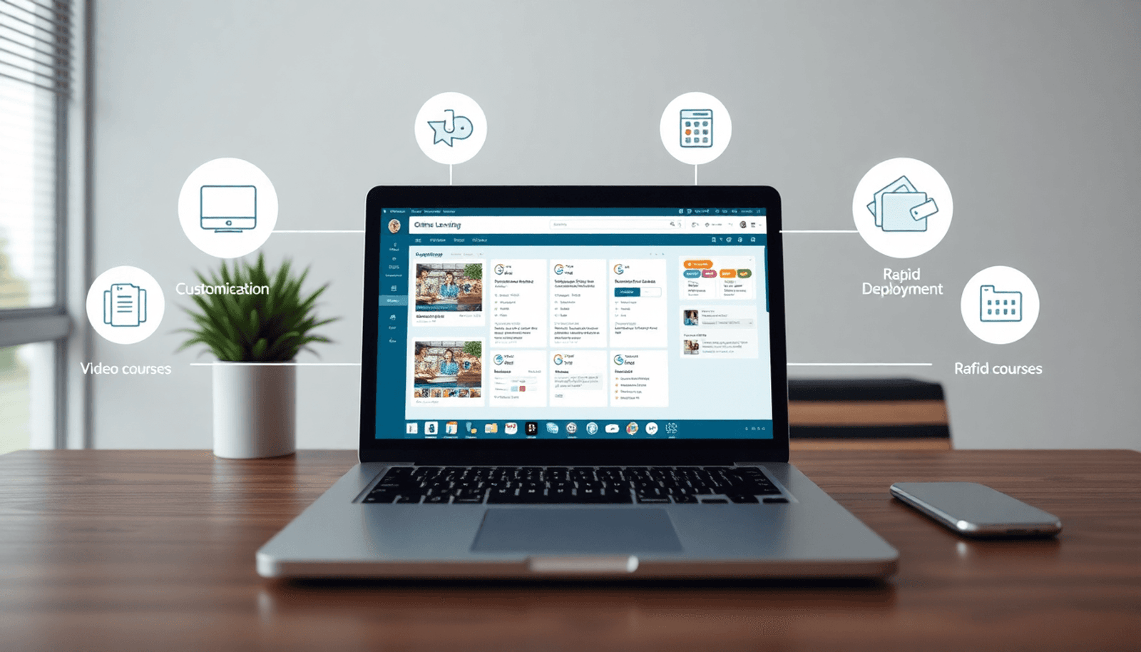 Laptop showing online learning platform with icons for video courses, customization, and rapid deployment in a clean, minimalist digital workspace.