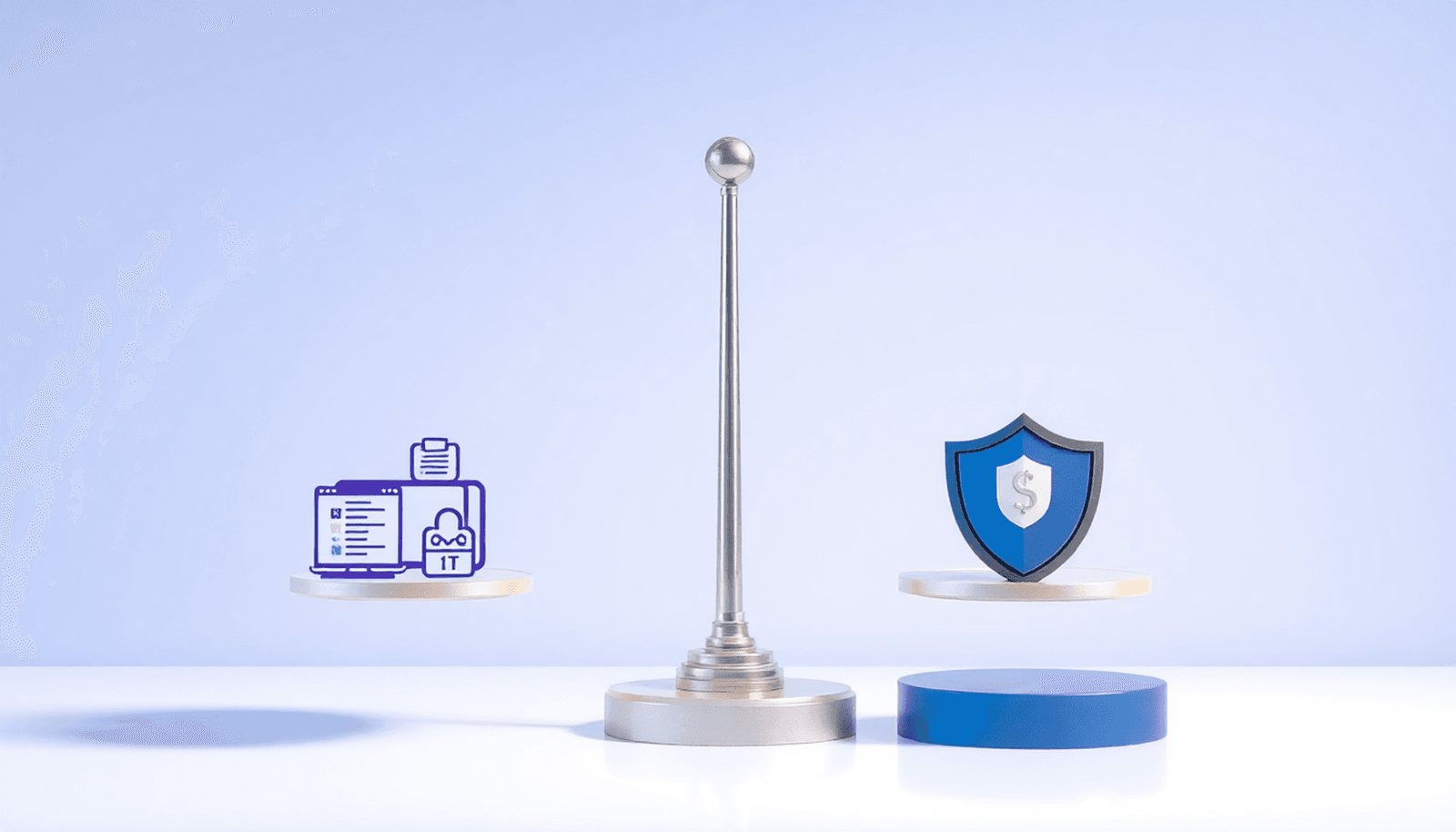 Balanced scale with digital course icons and protective shields on a bright background with tech-inspired shapes symbolizing secure online sales.