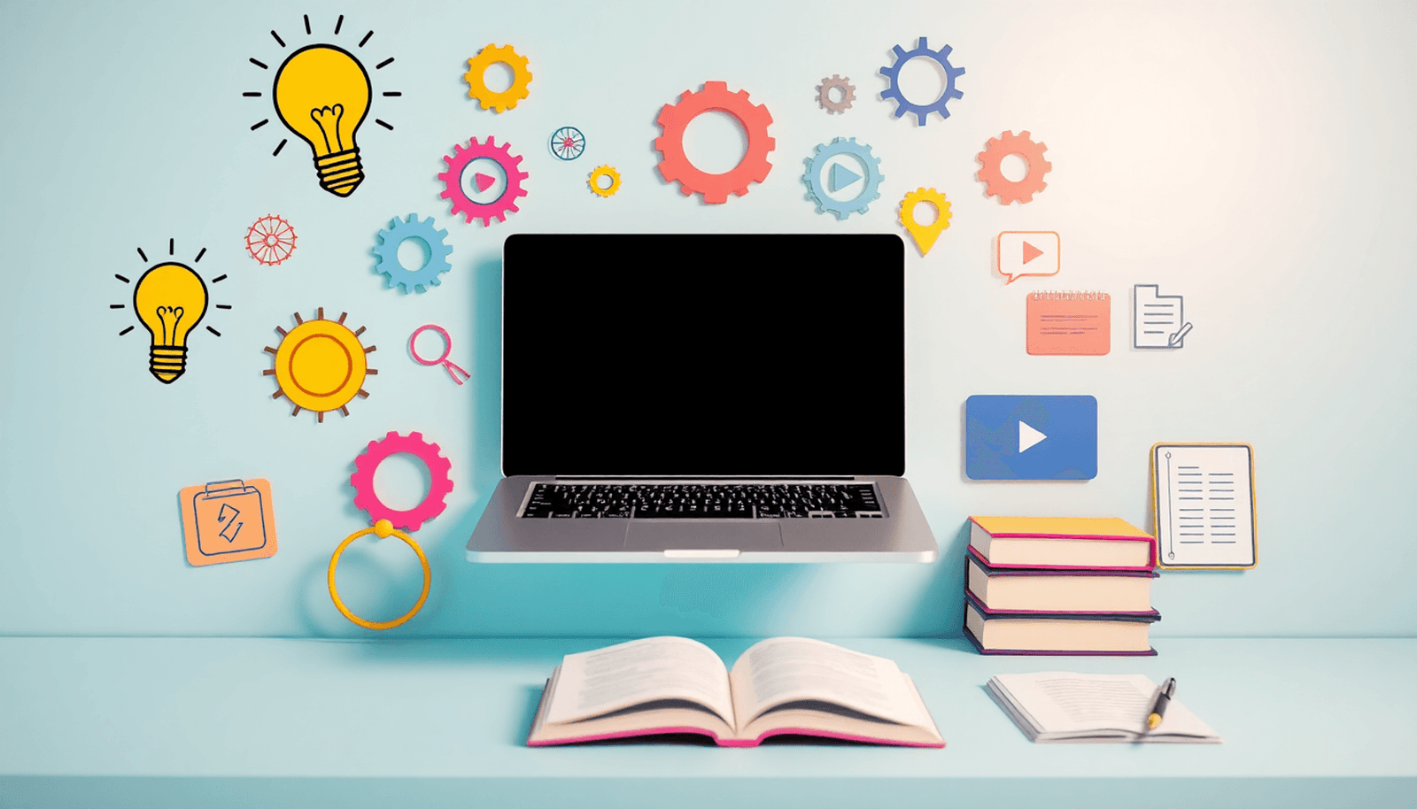Minimalist workspace with laptop, lightbulbs, gears, books, and digital icons symbolizing creative and efficient online course creation.