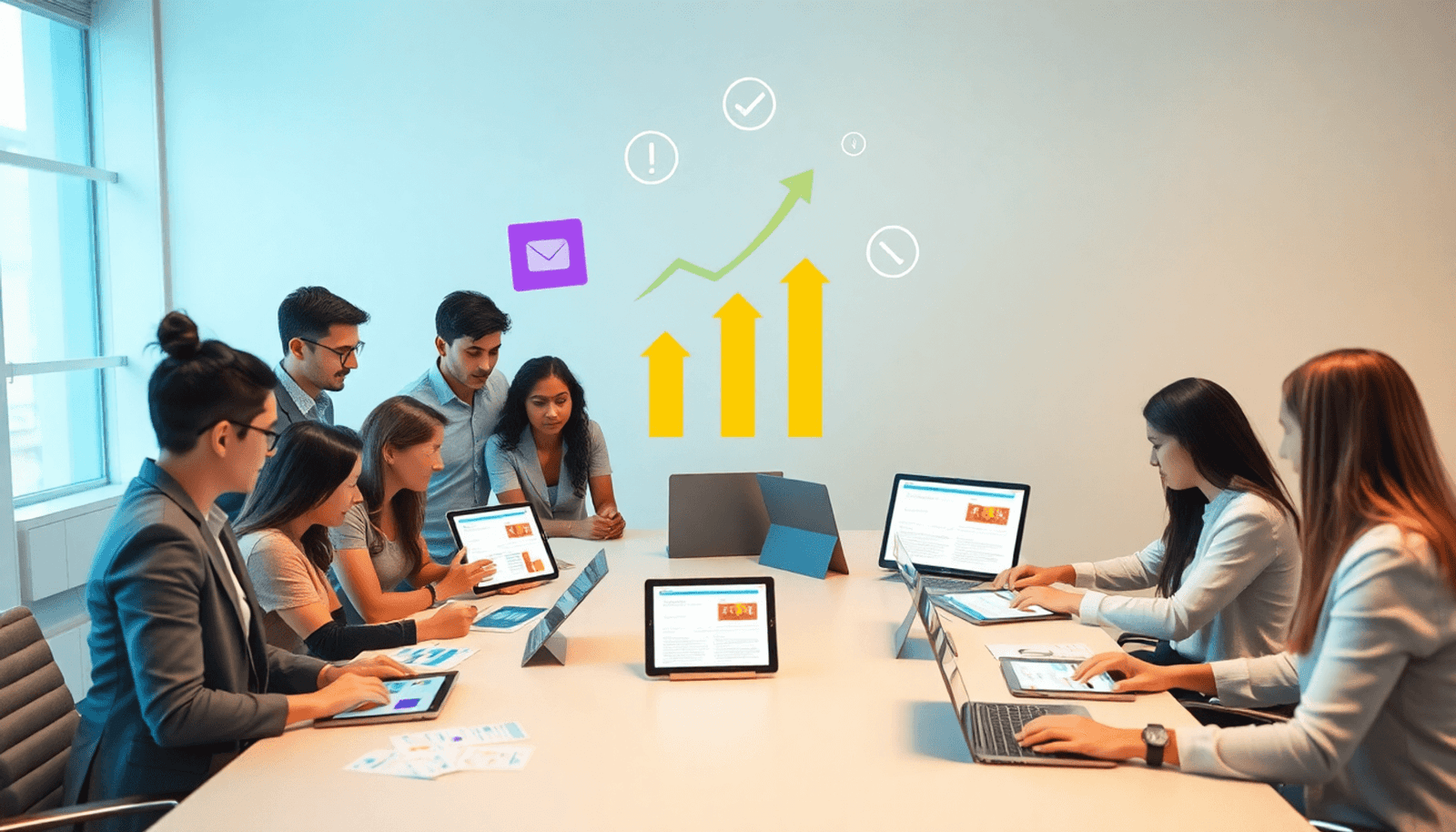 Professionals collaborating in a modern office with tablets and laptops, abstract icons of arrows and checkmarks symbolizing teamwork and growth.