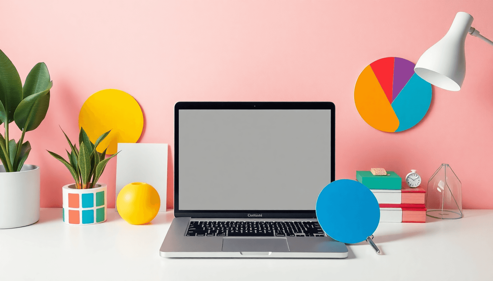 Minimalist workspace with laptop, colorful palettes, icons, and abstract shapes symbolizing creativity and branding in a clean, modern setting.