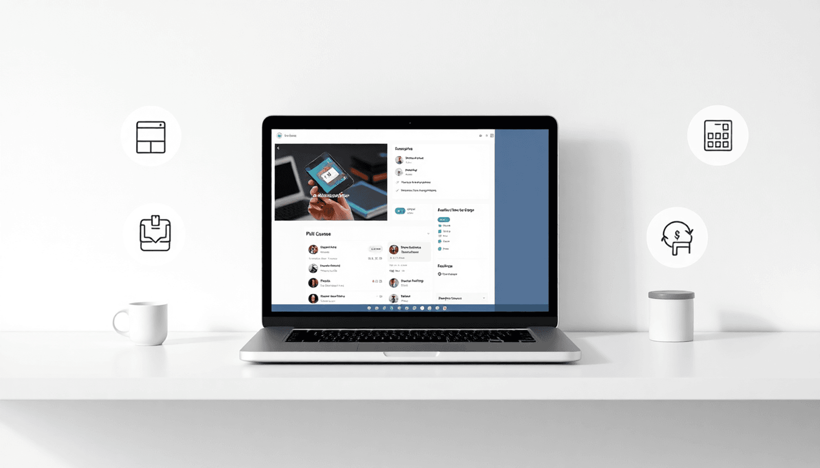 Minimalist workspace with laptop showing online course dashboard, surrounded by icons for customization, branding, and sales illustrating digital course reselli