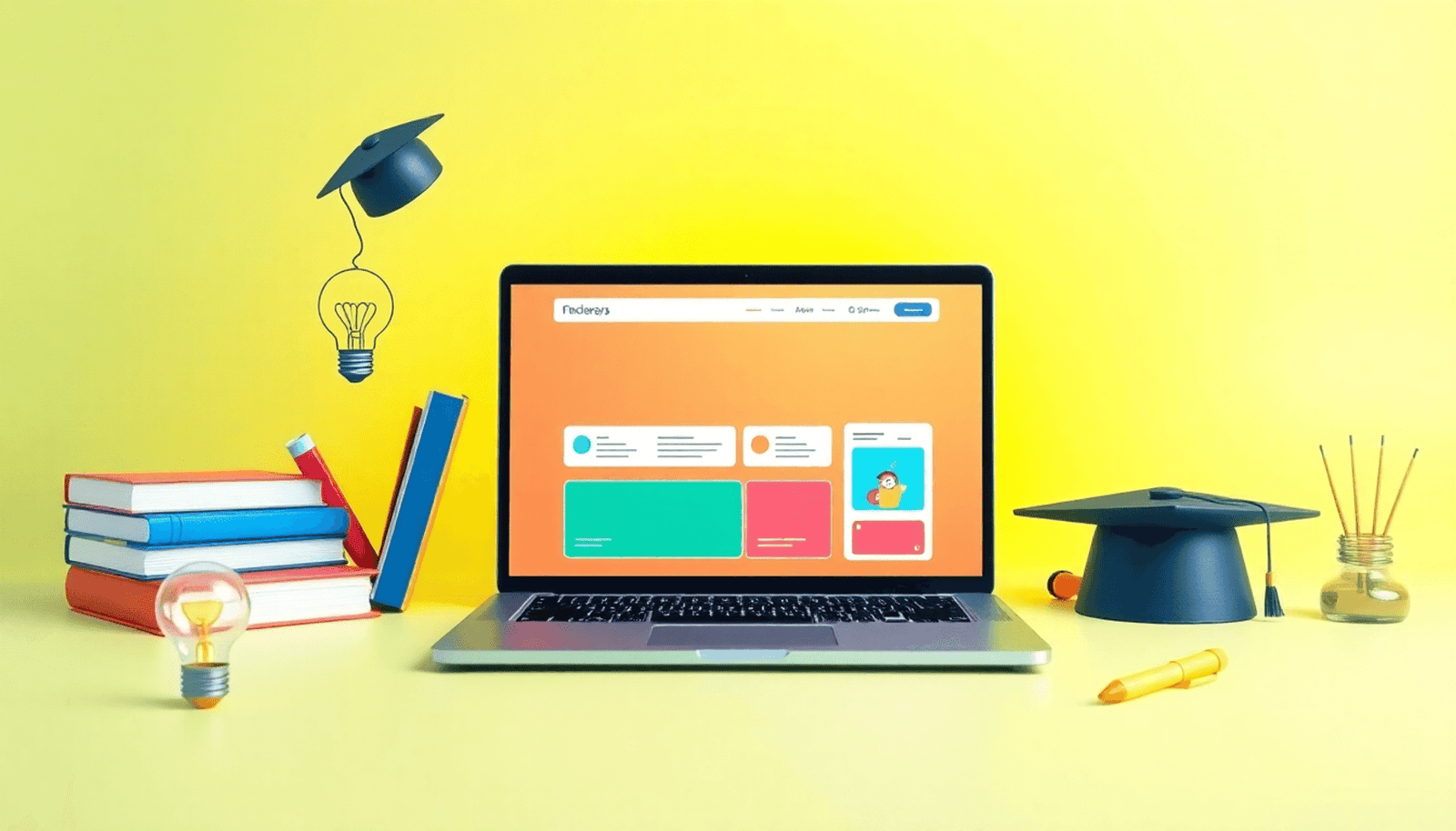A laptop displaying an online course platform, surrounded by books, a light bulb, and a graduation cap, set against a bright, inviting background in a minimalis