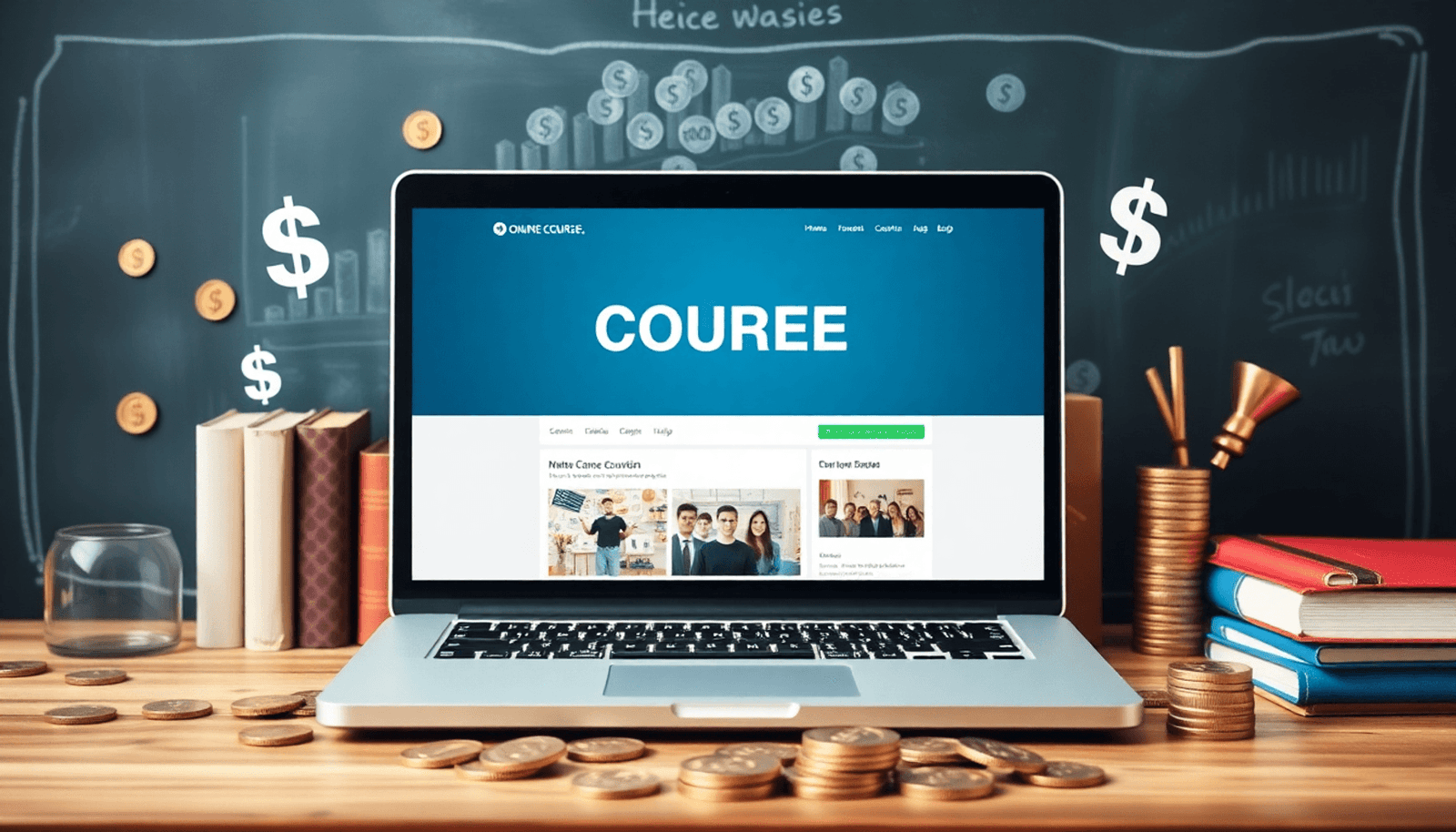 A laptop showing an online course interface, surrounded by dollar signs and coins, with books and a chalkboard in the background, conveying opportunity in onlin
