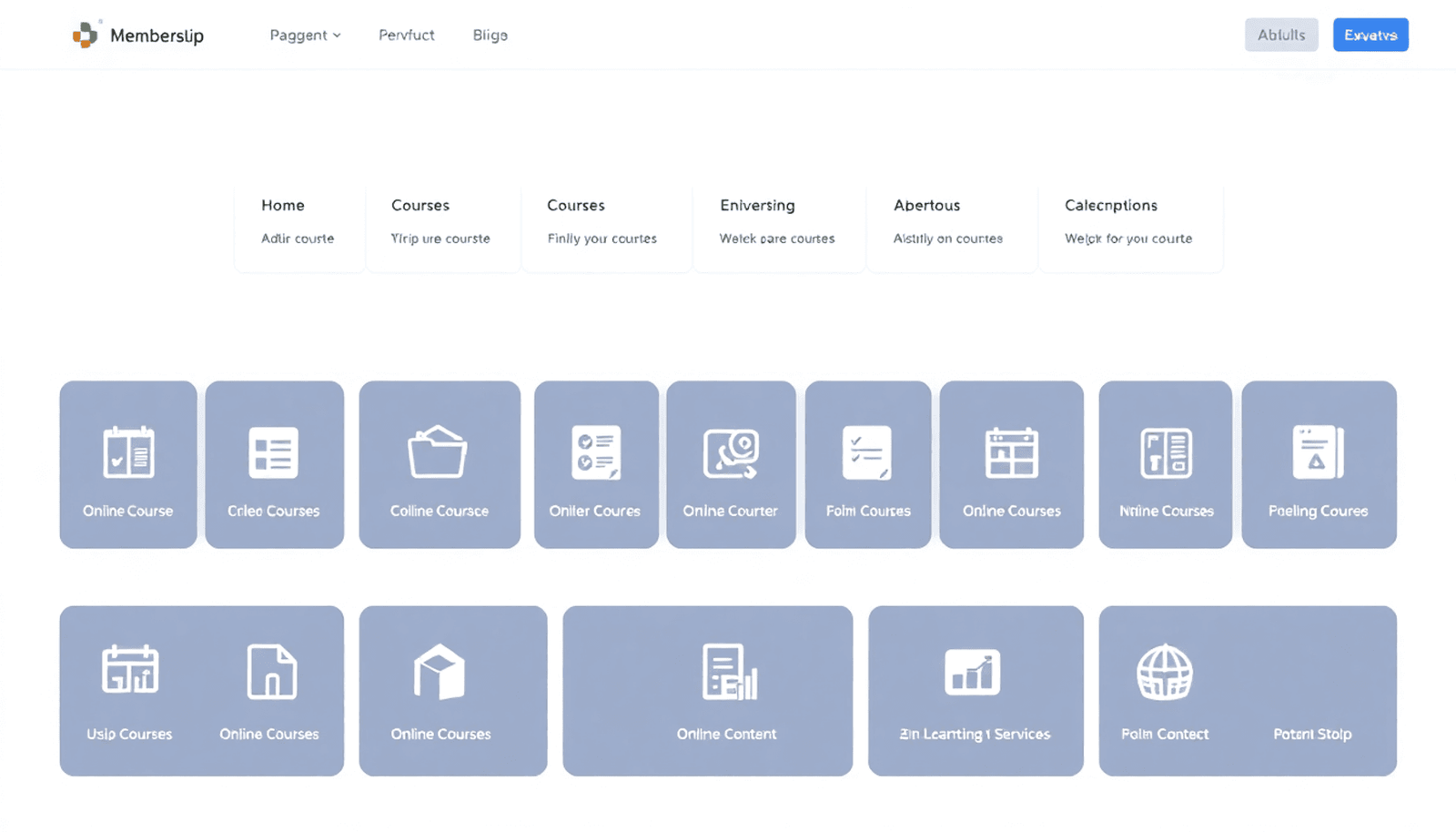 Interface of a digital membership platform showing online courses, subscription options, and icons for recurring revenue and content access on a clean backgroun