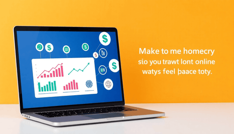 A minimalist laptop displaying graphs, money symbols, and skill icons on a vibrant background, illustrating innovative online income streams.