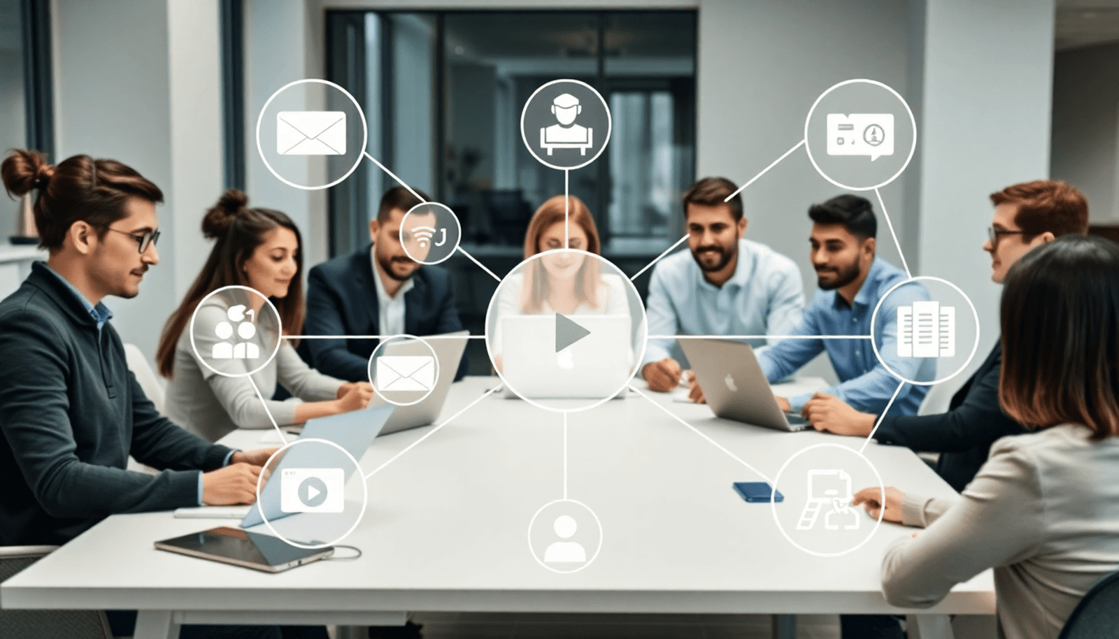 Modern office with employees collaborating on laptops, surrounded by icons of online courses, videos, and knowledge sharing in a minimalist style.