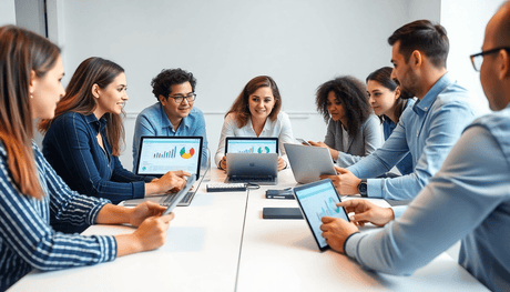 Professionals in a bright, modern room engaged in an interactive e-learning session with laptops and tablets showing colorful charts and digital content.