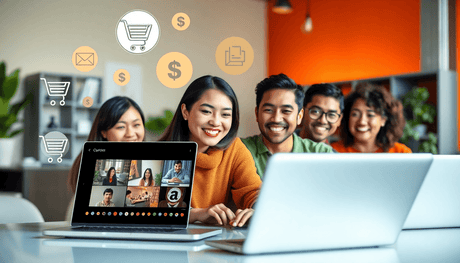 A modern digital learning scene with a laptop showing online courses, surrounded by shopping carts, dollar signs, course bundle icons, and happy learners engagi