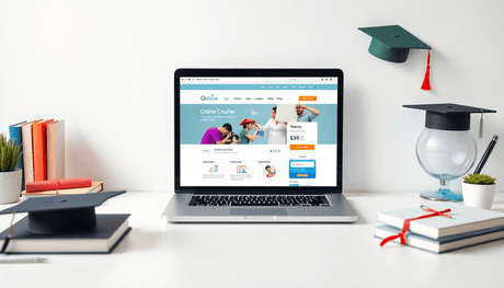 Modern workspace with laptop showing online course platform, surrounded by educational icons like books, graduation caps, and digital tools in a minimalist styl