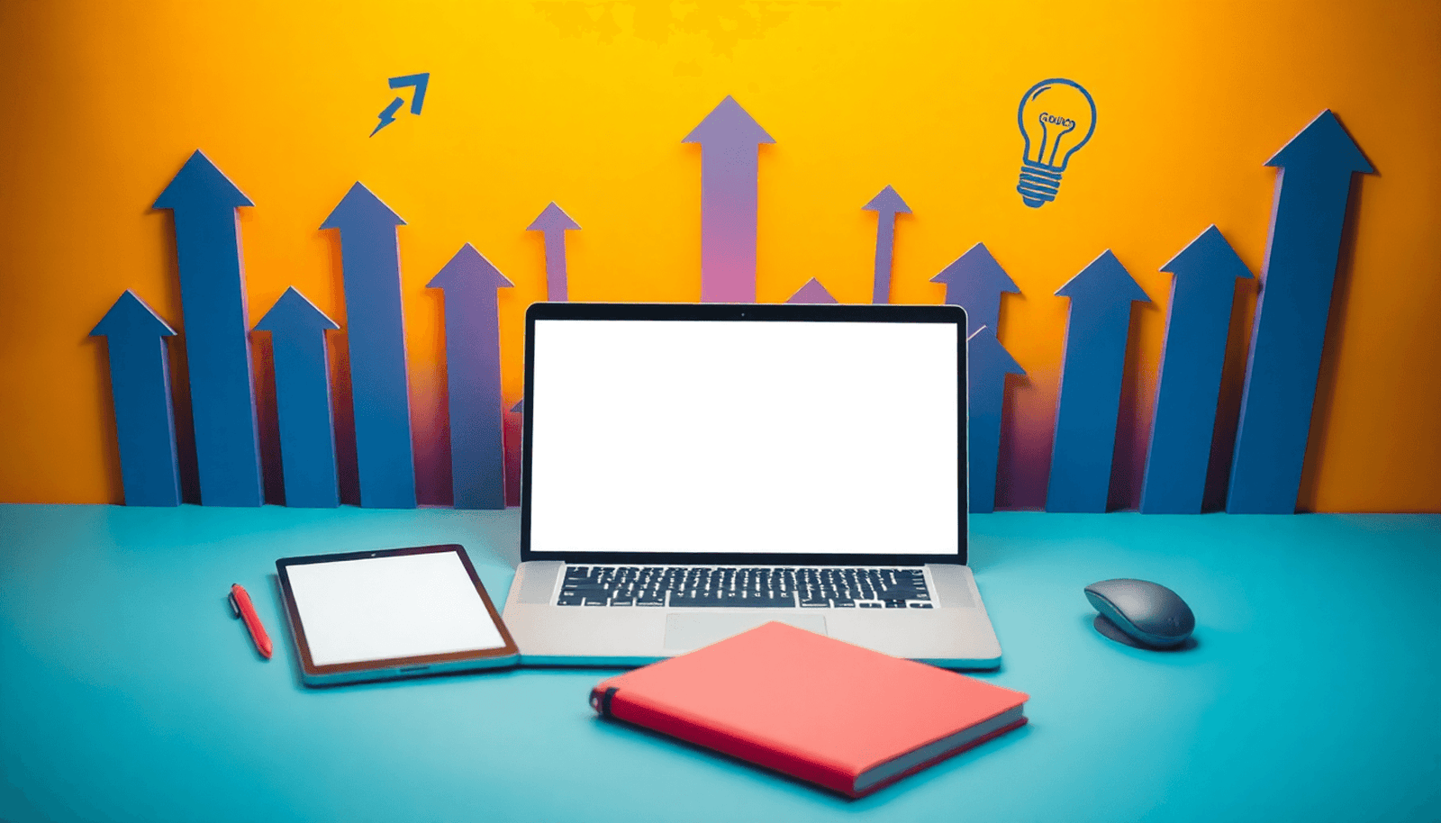 Minimalist workspace with laptop, tablet, notebook, and abstract growth symbols like arrows and lightbulbs on a bright creative background.