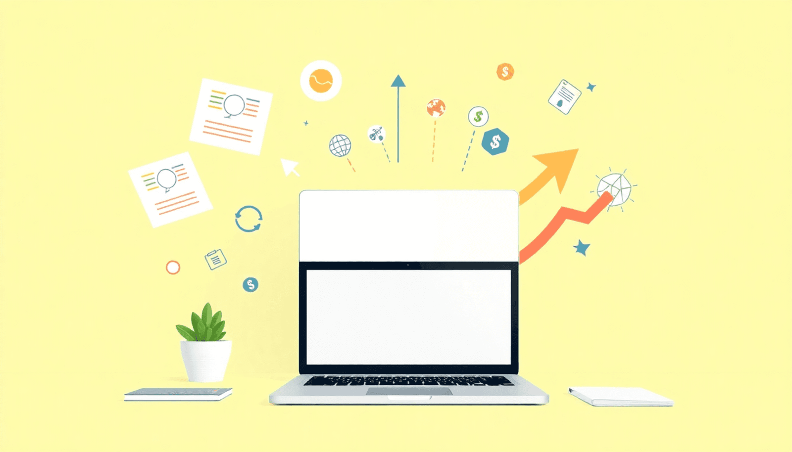 A minimalist workspace with a laptop, floating course modules, icons, and arrows symbolizing growth and multiple income streams in bright colors.