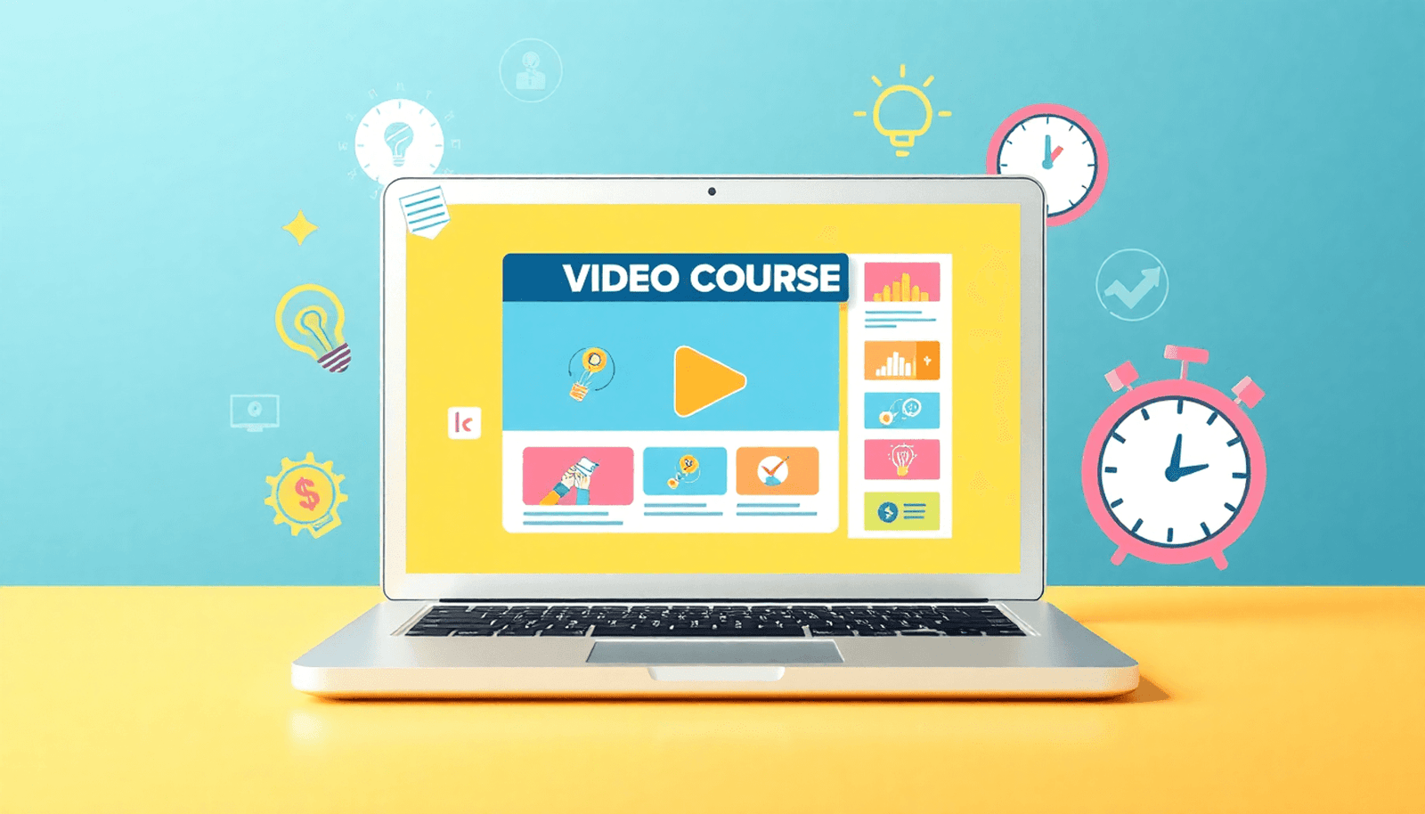 A laptop showing a vibrant video course interface, surrounded by symbols of entrepreneurship like a light bulb, dollar sign, and clock, all in bright colors.