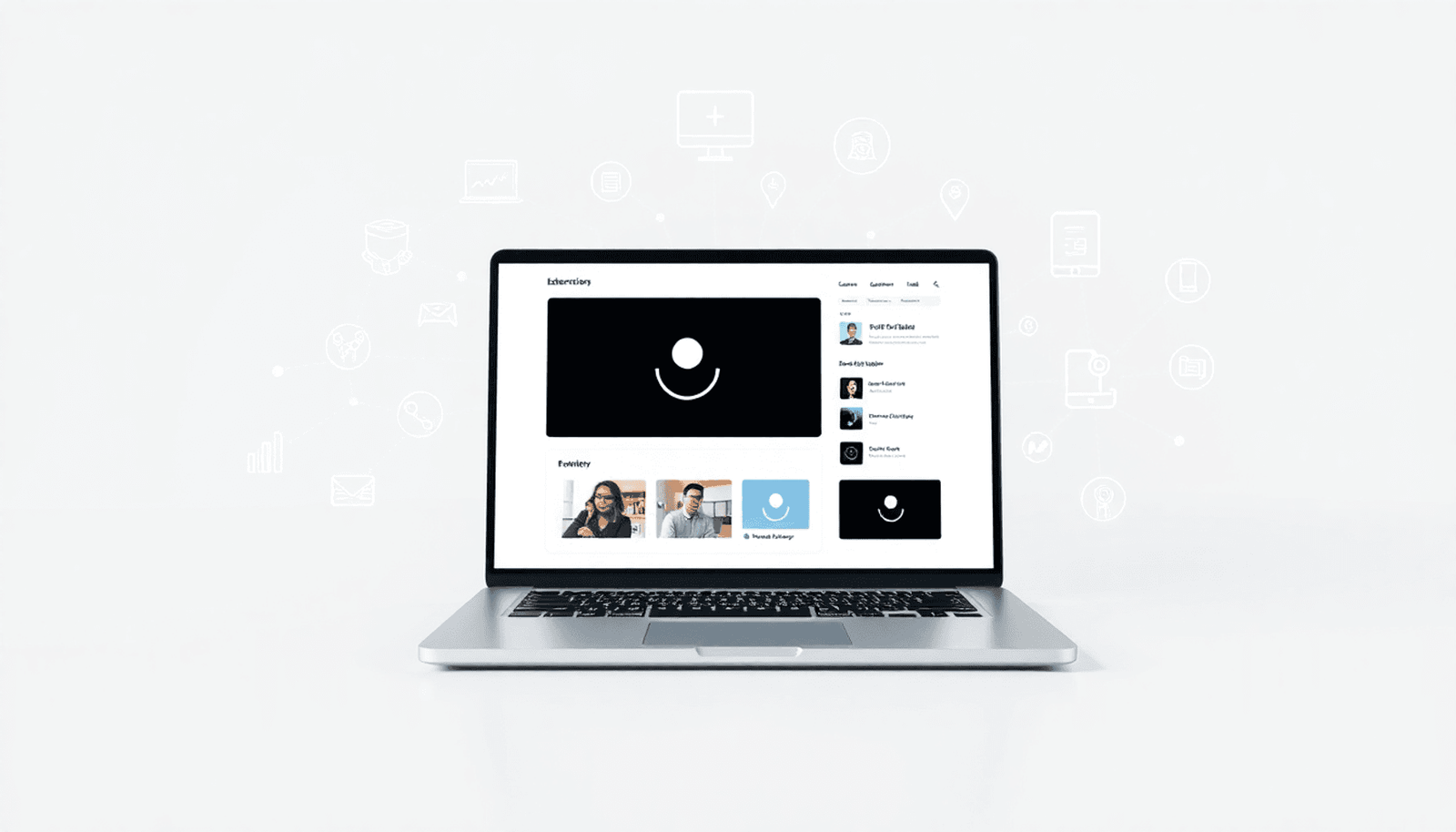 Sleek laptop showing an online course interface, surrounded by education and technology icons on a bright, minimalist background.