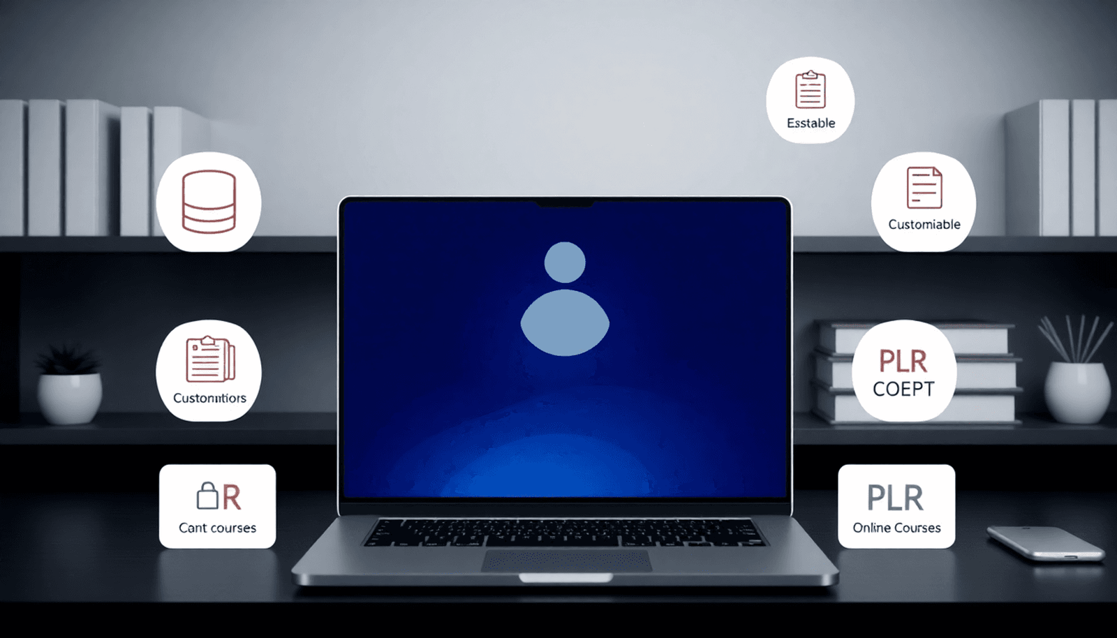 A sleek laptop showing an AI assistant, surrounded by icons for online courses and PLR content in a clean, minimalist digital workspace.