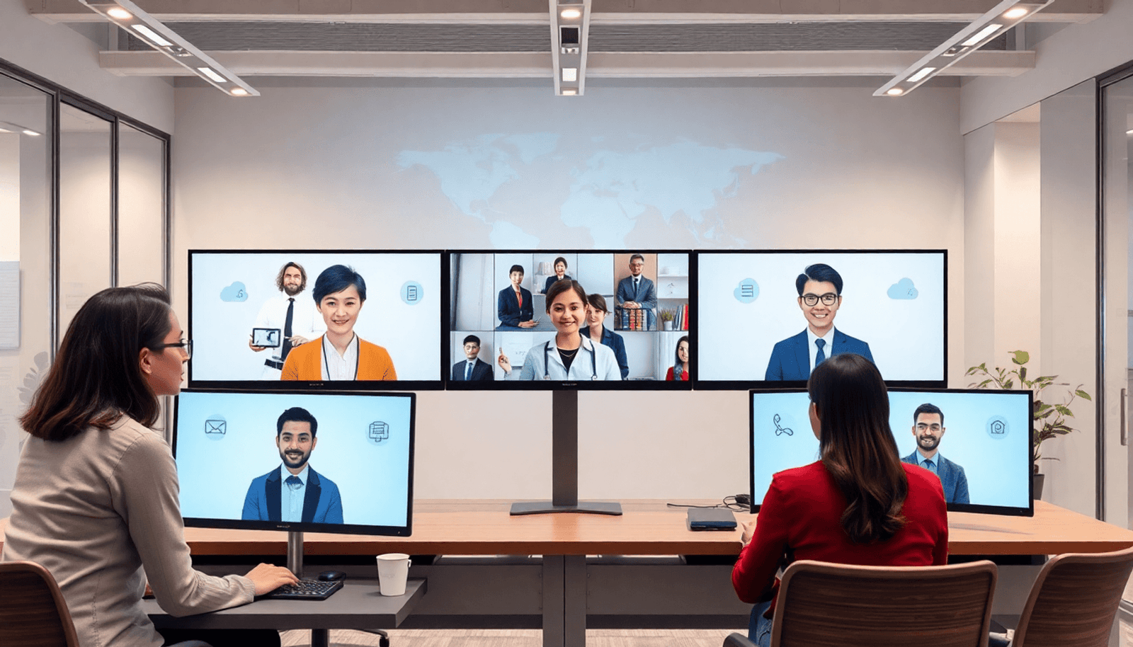Modern office with employees in a virtual onboarding session on multiple screens, digital learning icons, and a world map in the background, minimalist style.