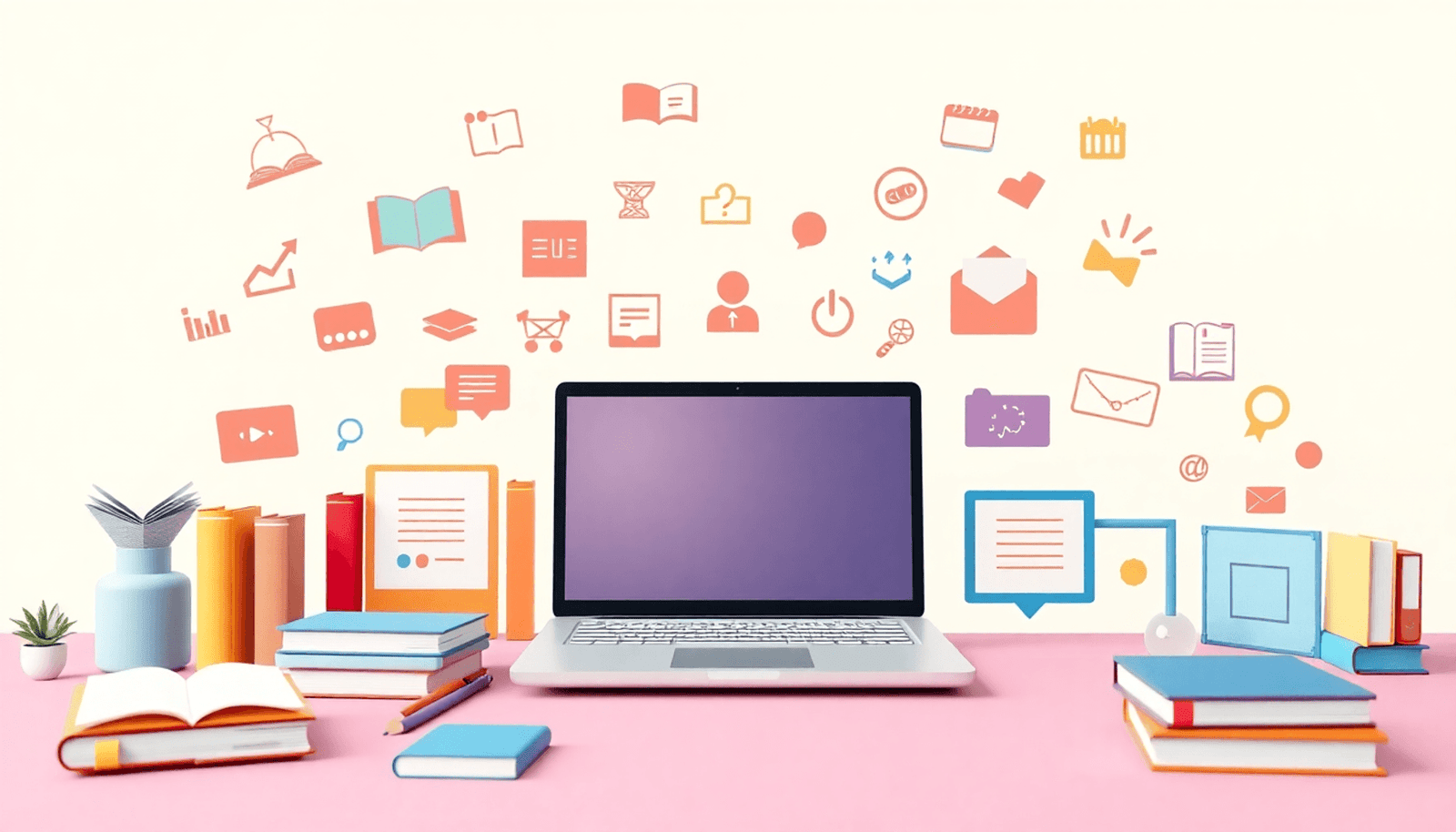 Colorful digital learning icons including books, laptops, and certificates on a bright background symbolizing knowledge and growth in minimalist style.