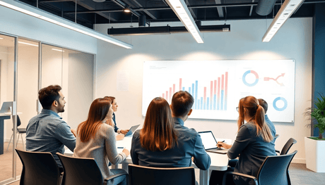 Modern office with employees in a training session, using digital tools and charts symbolizing teamwork and skill development in a minimalist style.