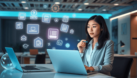 A professional woman analyzes holographic data above a laptop with floating digital products and subtle shadows symbolizing hidden costs in a modern workspace.
