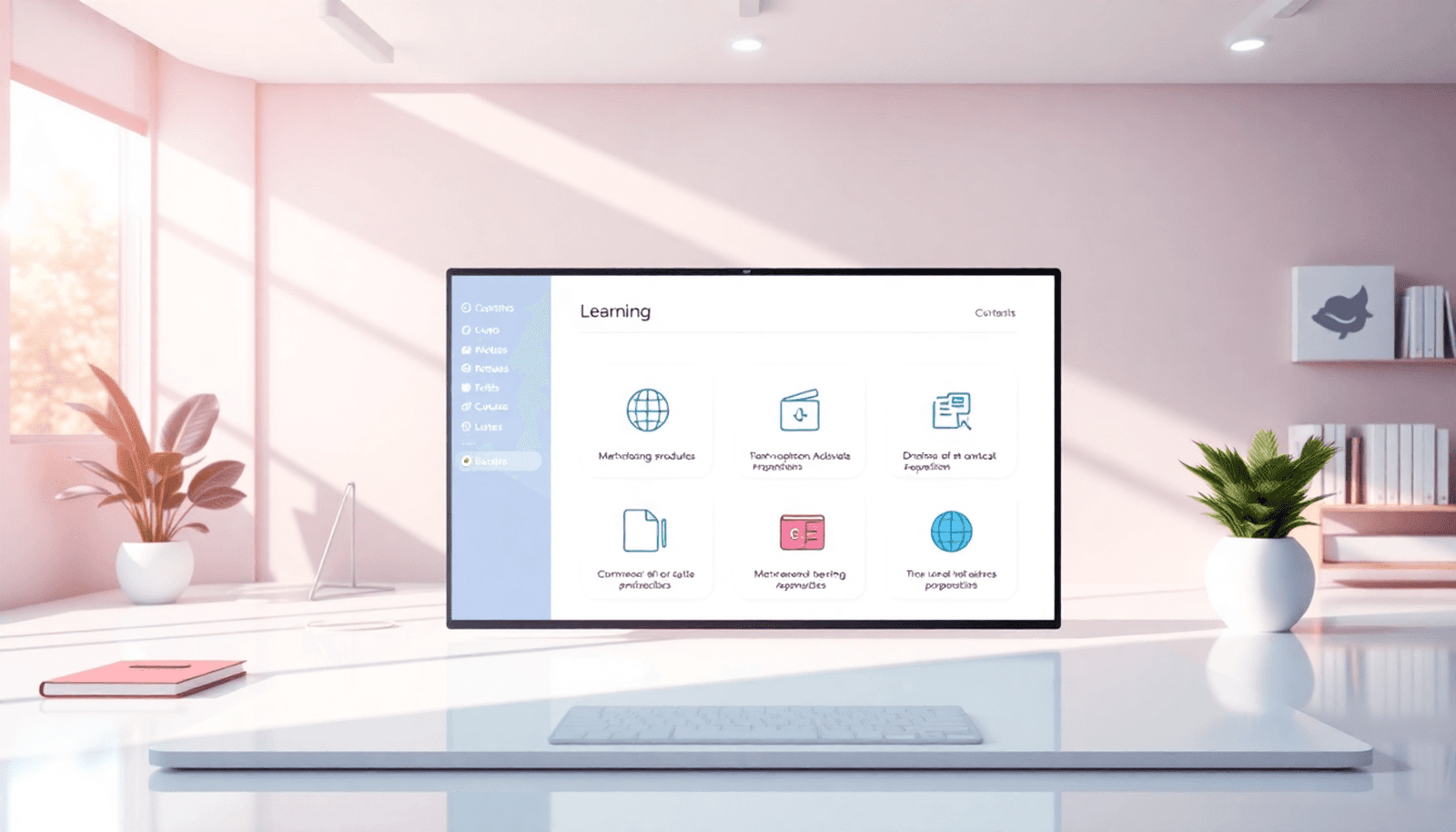 Modern e-learning platform interface with customizable branding, microlearning module icons, and online course visuals on a bright, clean background.