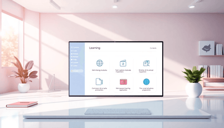 Modern e-learning platform interface with customizable branding, microlearning module icons, and online course visuals on a bright, clean background.