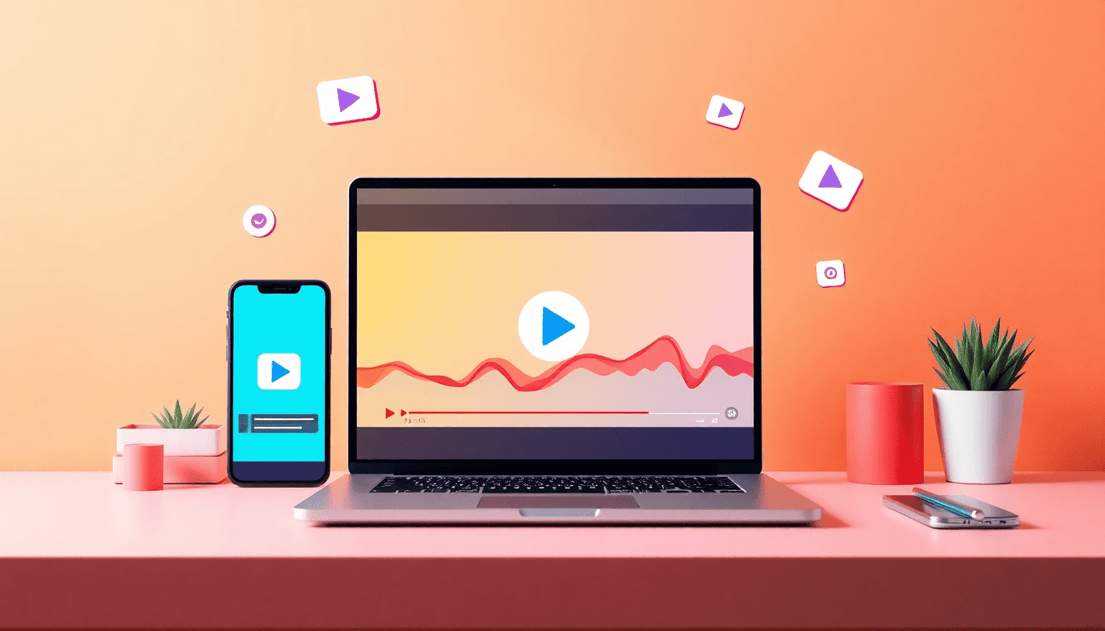 Digital workspace with laptop and smartphone showing abstract video icons and waveforms, surrounded by floating social media symbols in bright, energetic colors
