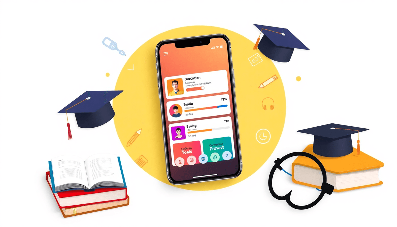Smartphone showing an educational app with course icons and progress bars, surrounded by books, a graduation cap, and digital learning tools on a clean backgrou