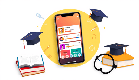Smartphone showing an educational app with course icons and progress bars, surrounded by books, a graduation cap, and digital learning tools on a clean backgrou