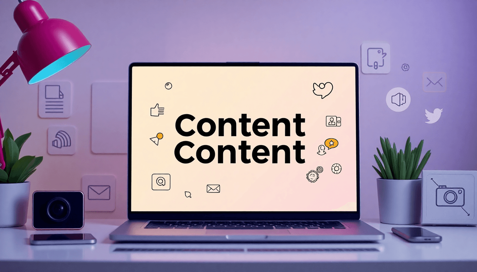 A modern workspace with a laptop showing abstract digital creation symbols, vibrant colors, customizable templates, and social media icons in a minimalist style