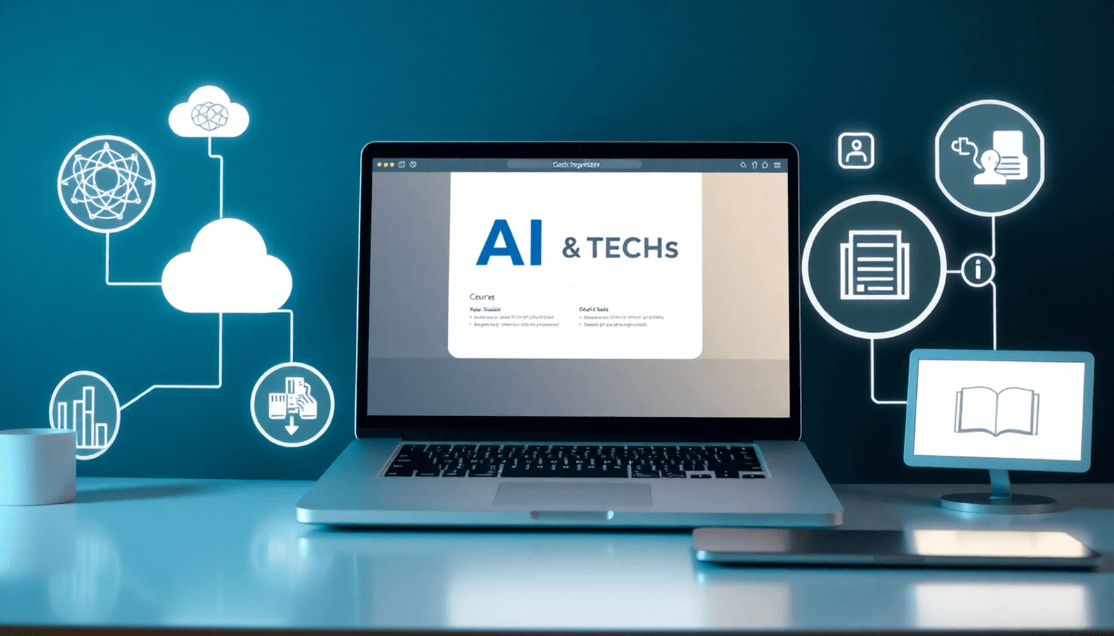 Laptop showing AI course content with icons of AI, cloud computing, cybersecurity, and data science in a clean, minimalist digital workspace.