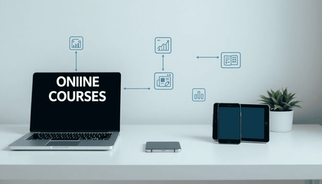 Minimalist workspace with laptop, tablet, smartphone on desk, abstract icons of online courses and digital content connected by arrows, soft lighting, modern de