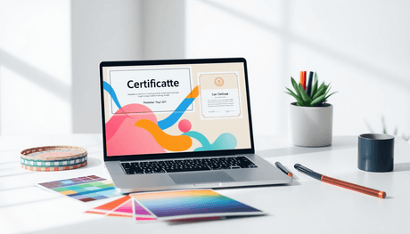 Bright modern workspace with laptop showing abstract certificate designs, surrounded by creative tools and soft natural lighting, symbolizing online education a