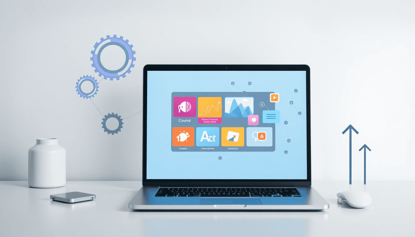 Modern workspace with laptop showing abstract course modules, digital gears, interconnected nodes, and marketing icons on a bright, minimalist background.