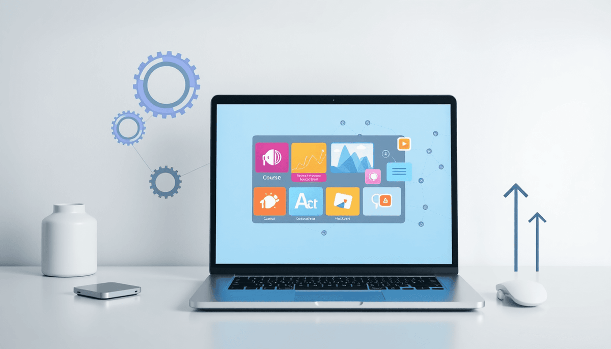 Modern workspace with laptop showing abstract course modules, digital gears, interconnected nodes, and marketing icons on a bright, minimalist background.