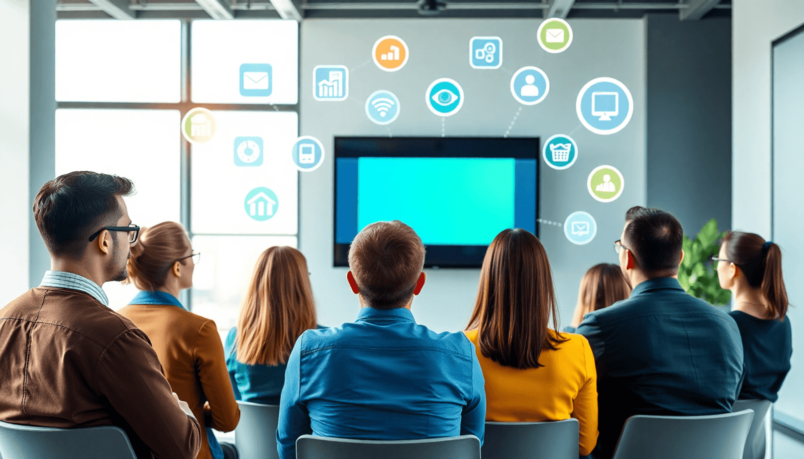 Professionals in a modern office watching an online course on a large screen, surrounded by digital education and technology icons.