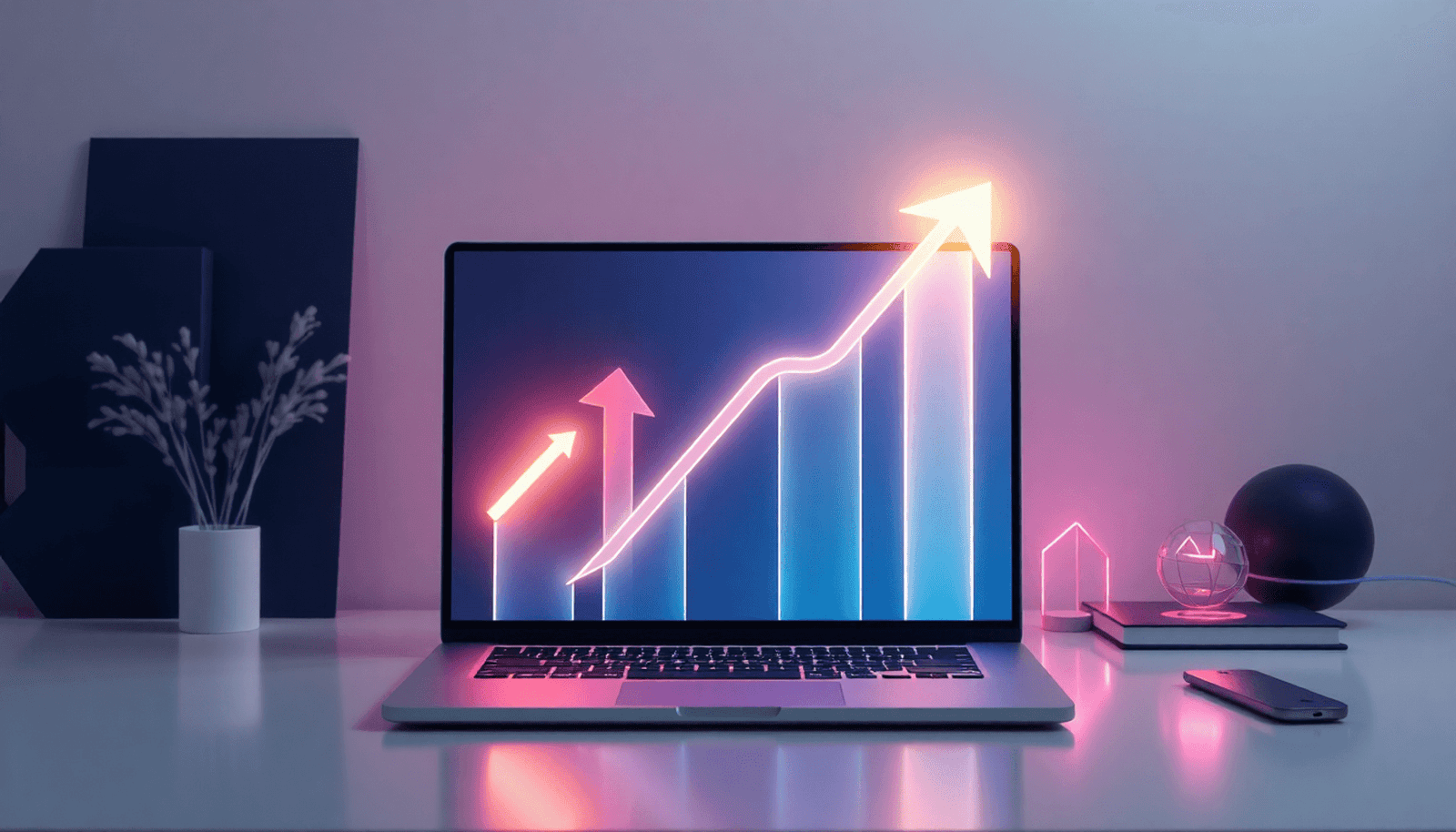 Modern minimalist workspace with laptop showing glowing upward arrows, surrounded by color swatches and digital icons symbolizing growth and transformation.