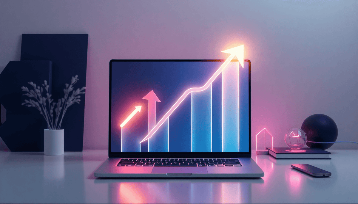 Modern minimalist workspace with laptop showing glowing upward arrows, surrounded by color swatches and digital icons symbolizing growth and transformation.