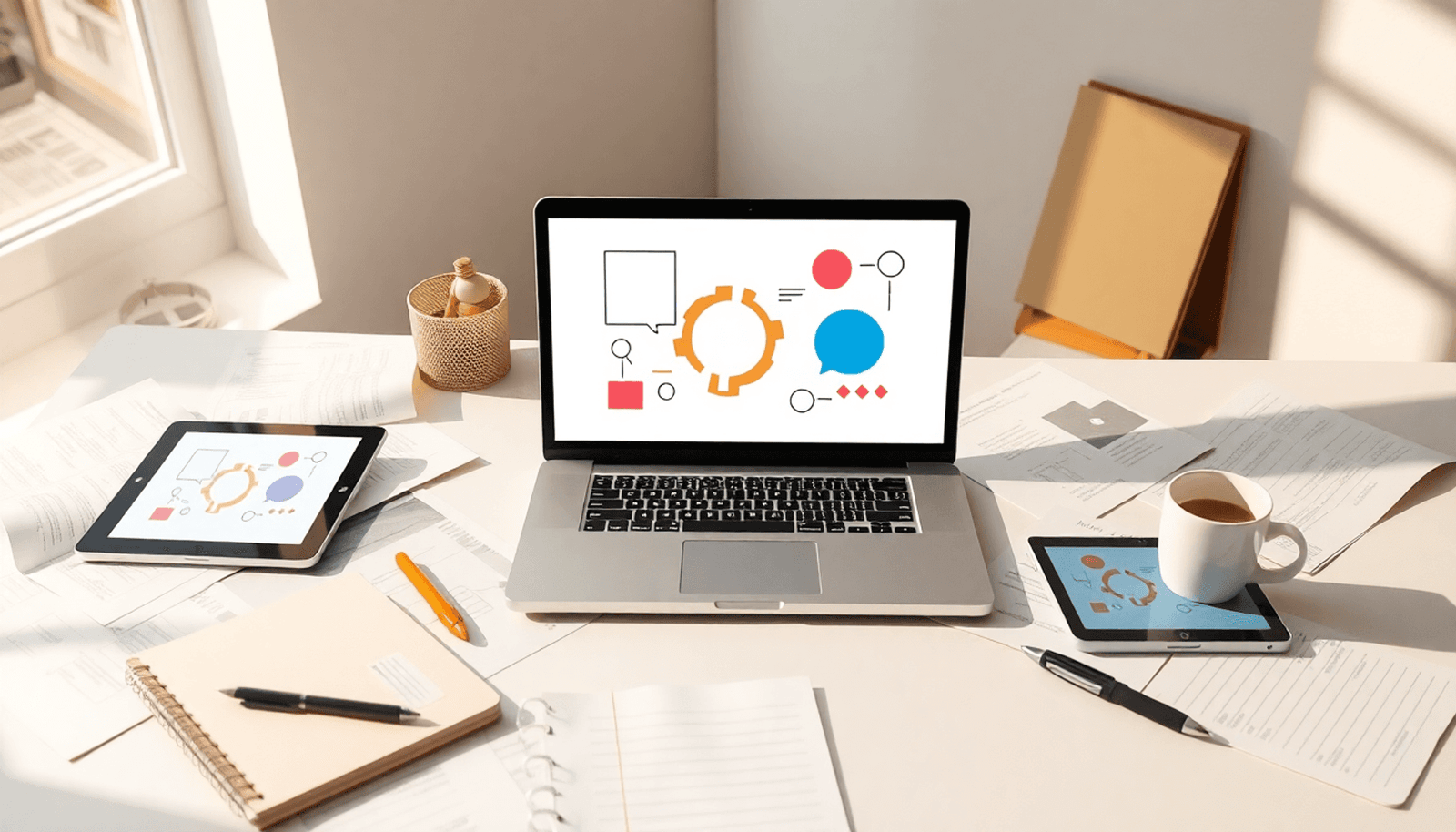 Modern workspace with laptop, scattered pages, tablets showing abstract icons, notebooks, pens, and coffee cups under warm natural light.