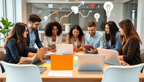 A modern workspace with entrepreneurs collaborating around a table filled with course materials and devices, abstract learning icons floating above in a bright,