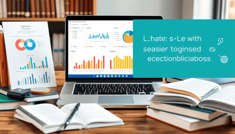 Laptop displaying colorful analytics dashboards surrounded by textbooks and e-learning icons, representing data-driven sales optimization in education.