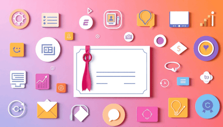 Minimalist digital learning scene with colorful course icons for coding, negotiation, marketing, and a central sleek certificate symbolizing achievement.