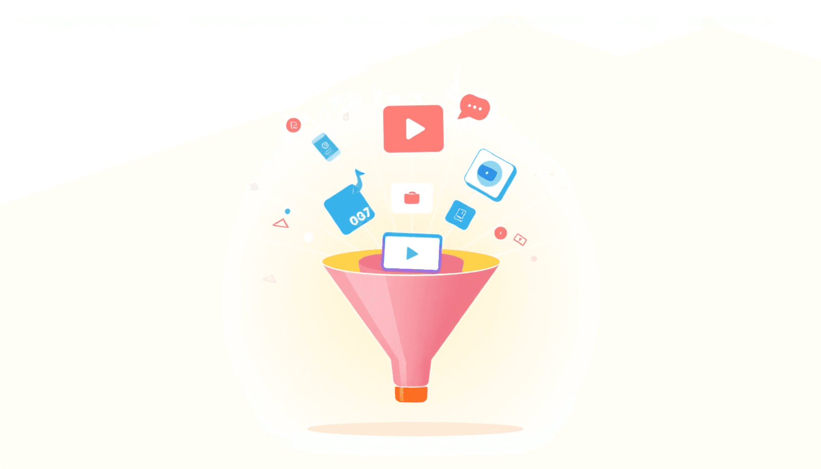 Stylized webinar funnel with icons for courses, videos, and products flowing through emitting light rays, symbolizing growth and automation on a bright backgrou